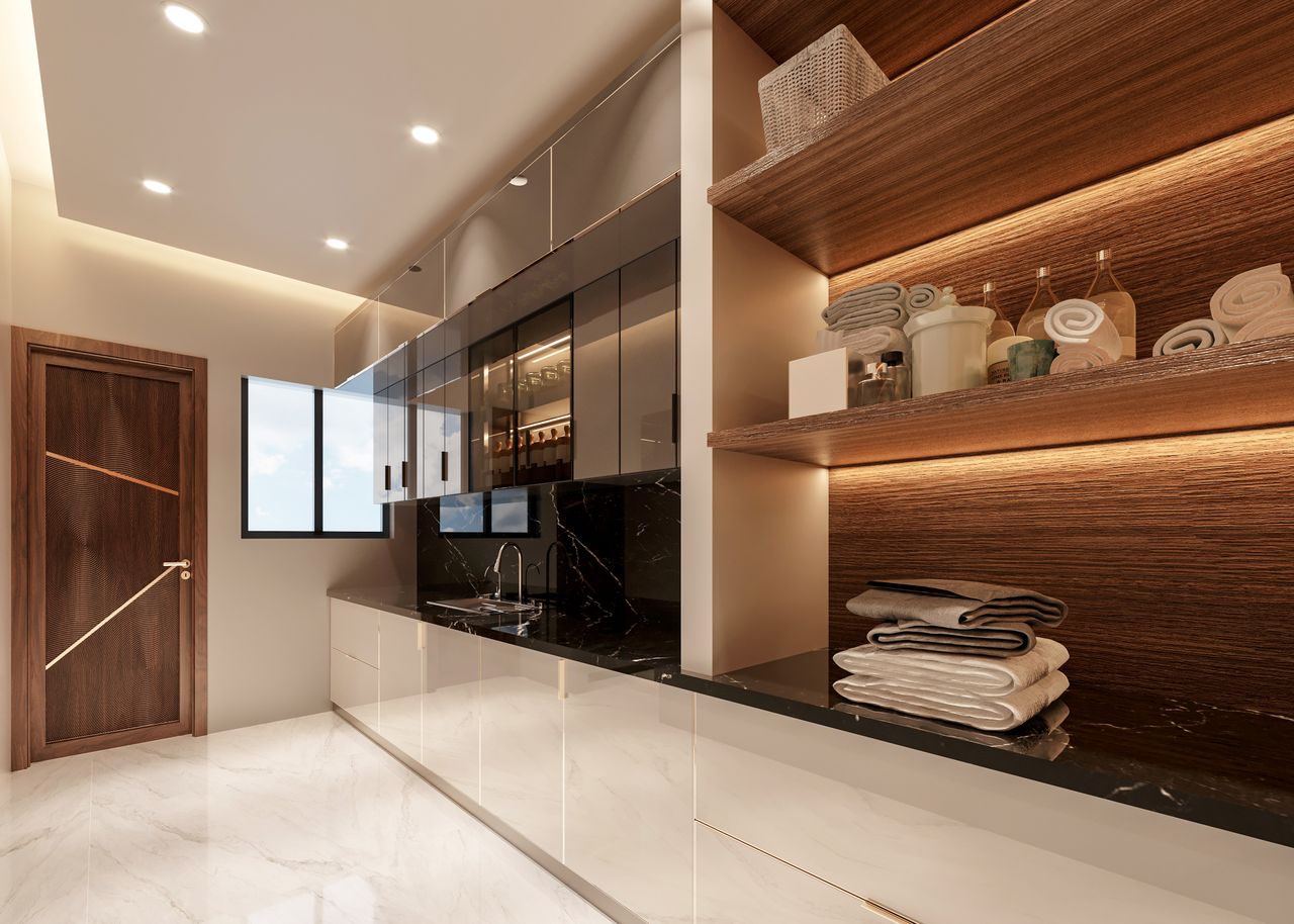 heros-img Sleek modern kitchen interior with glossy surfaces, wooden accents, and abundant natural lighting.